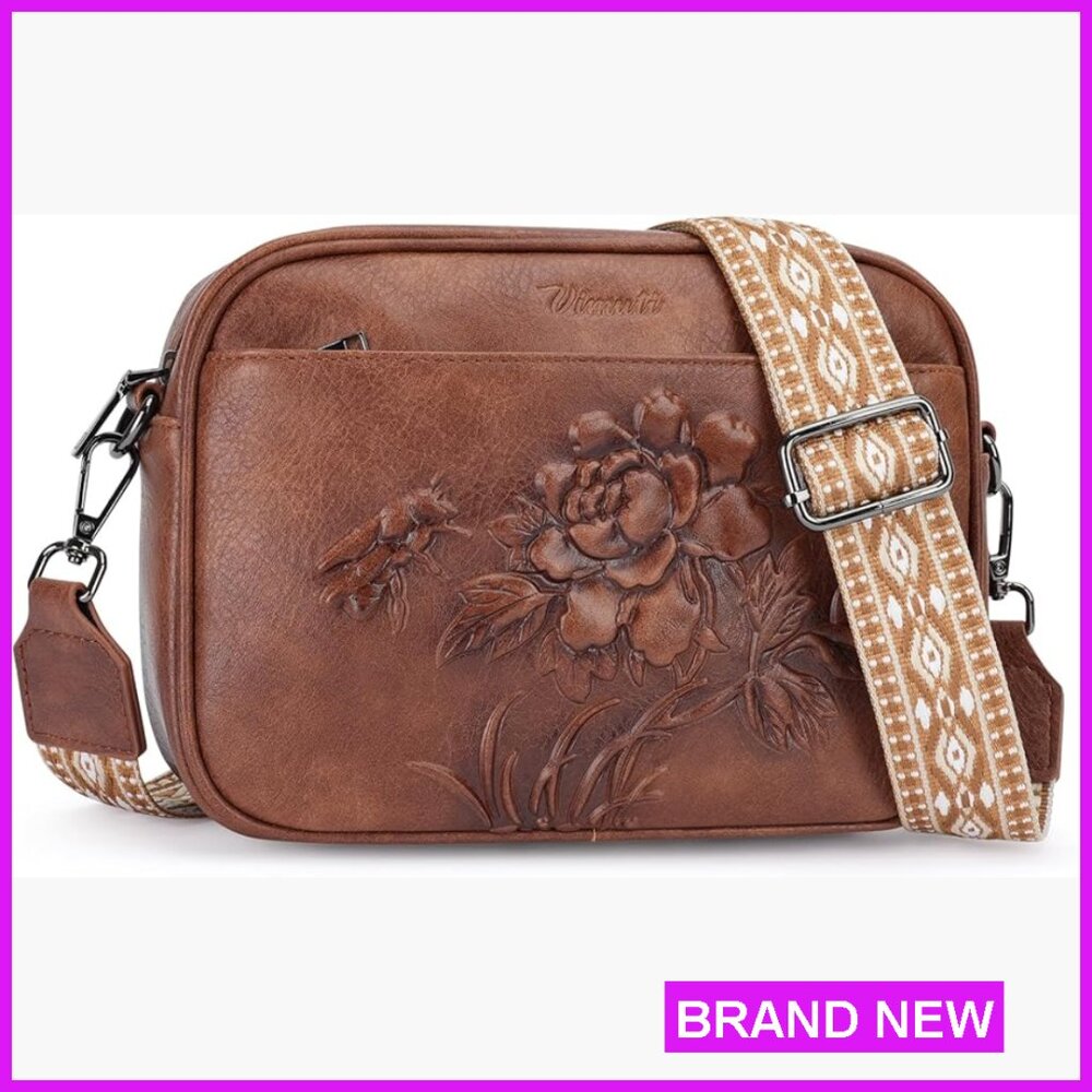Trendy Vegan Leather Crossbody Bag Embossed Floral Design Wide Adjustable Strap